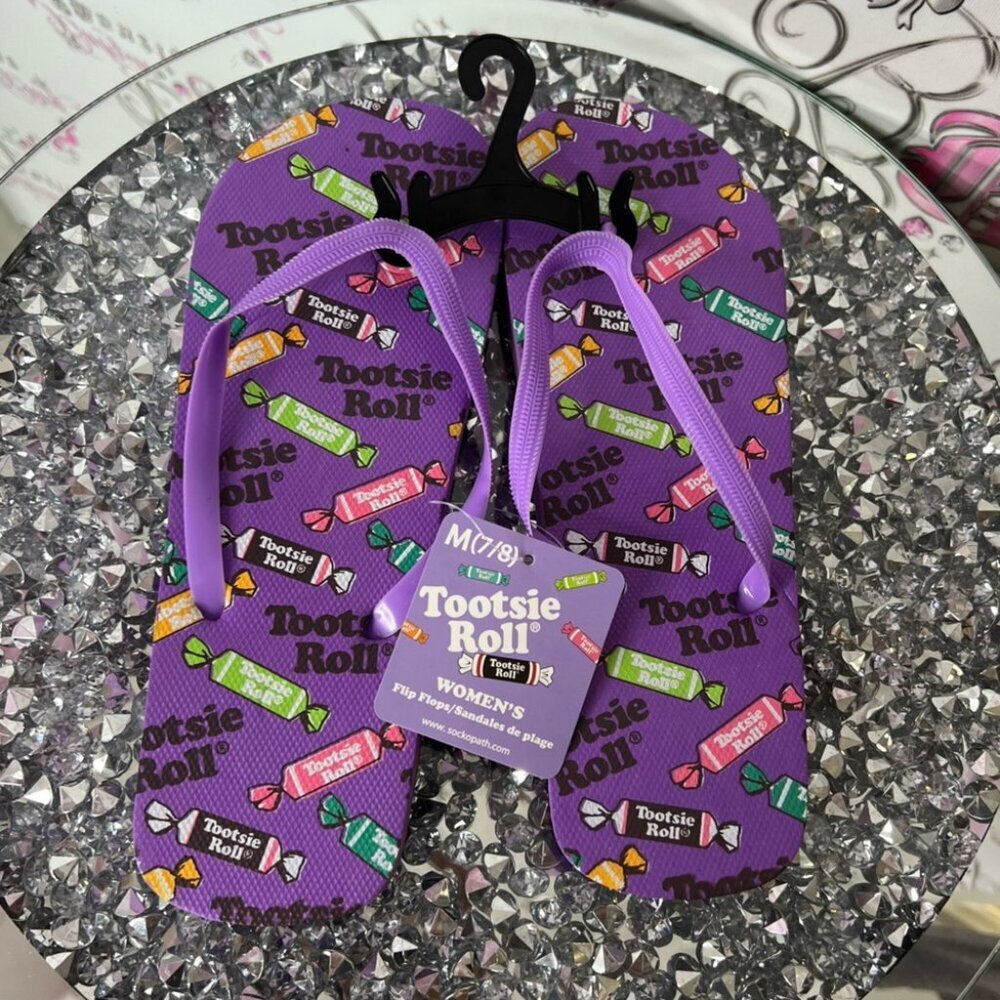 Tootsie Roll Purple Flip Flops size 7/8 candy sandals soft plush cushion
